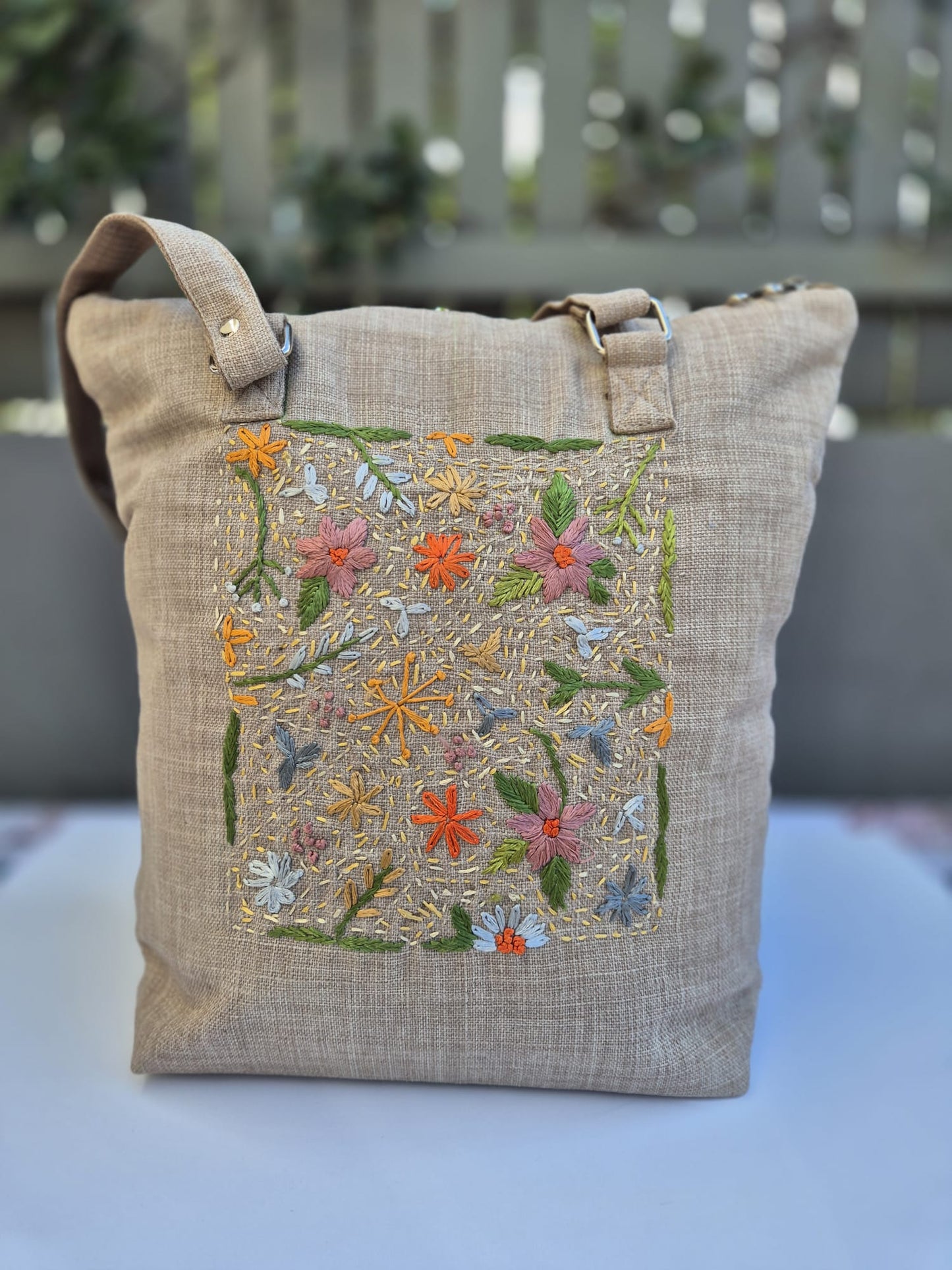 Beige Hand Embroidered Bag (Large) 3