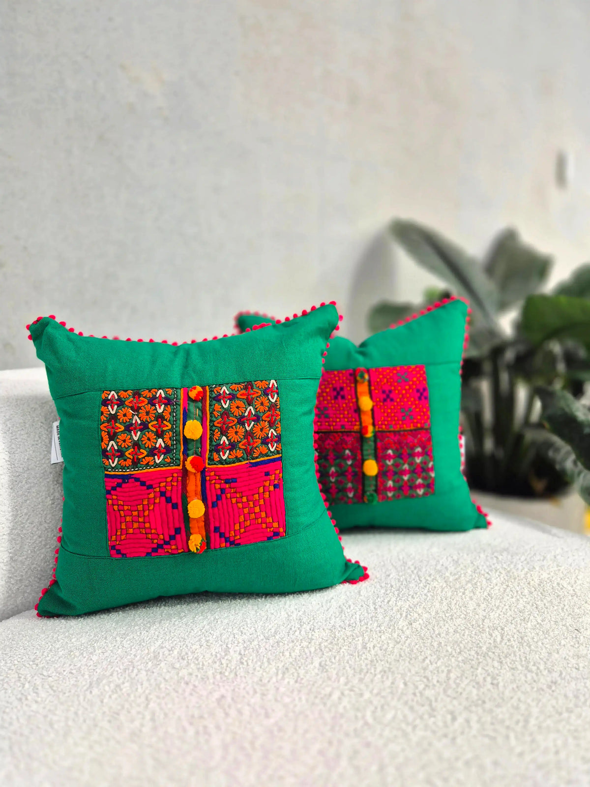 Hand Embroidered Green Cushion Cover