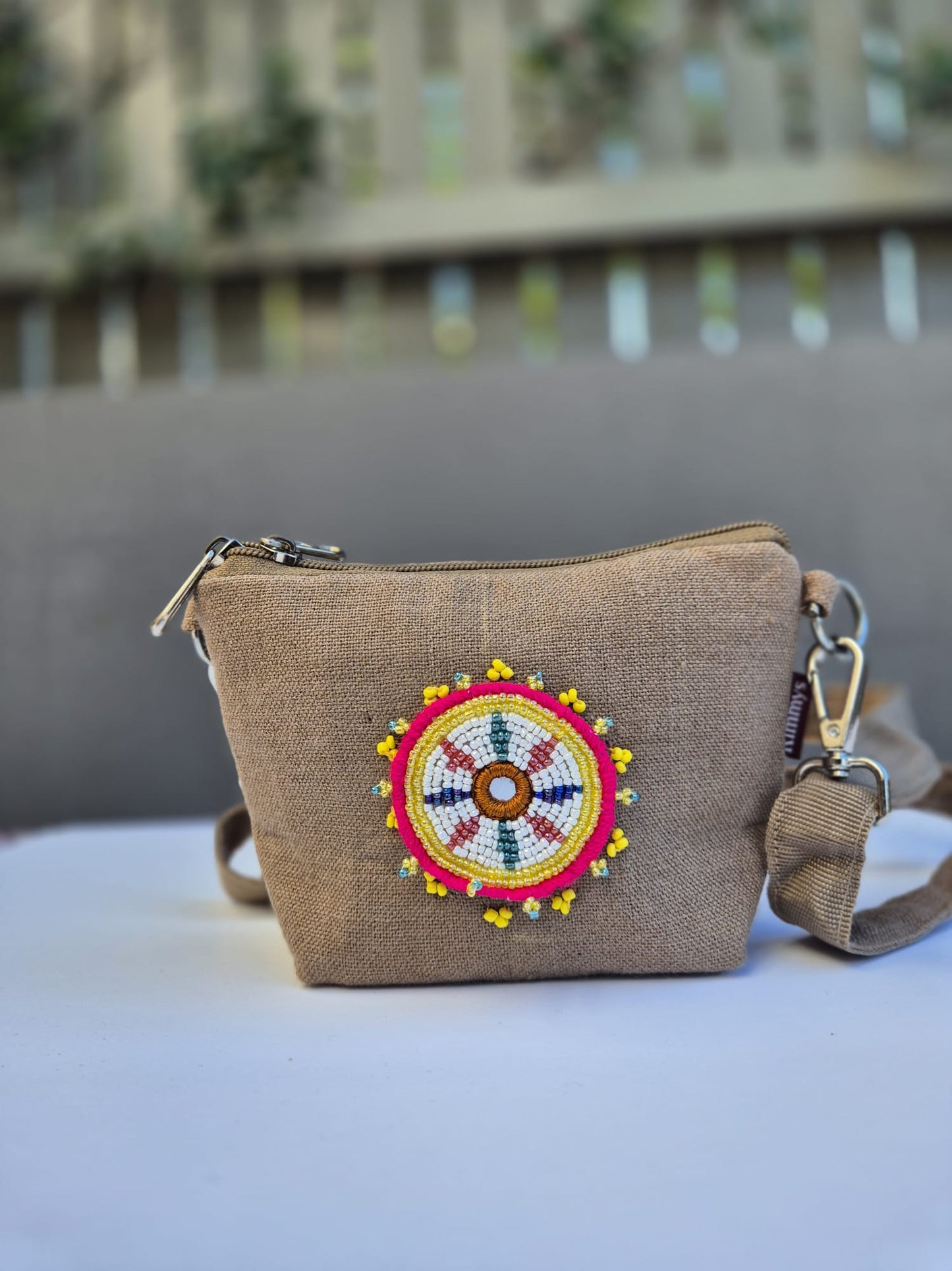 Beige Burlap Side Strap Bag (Small) 1