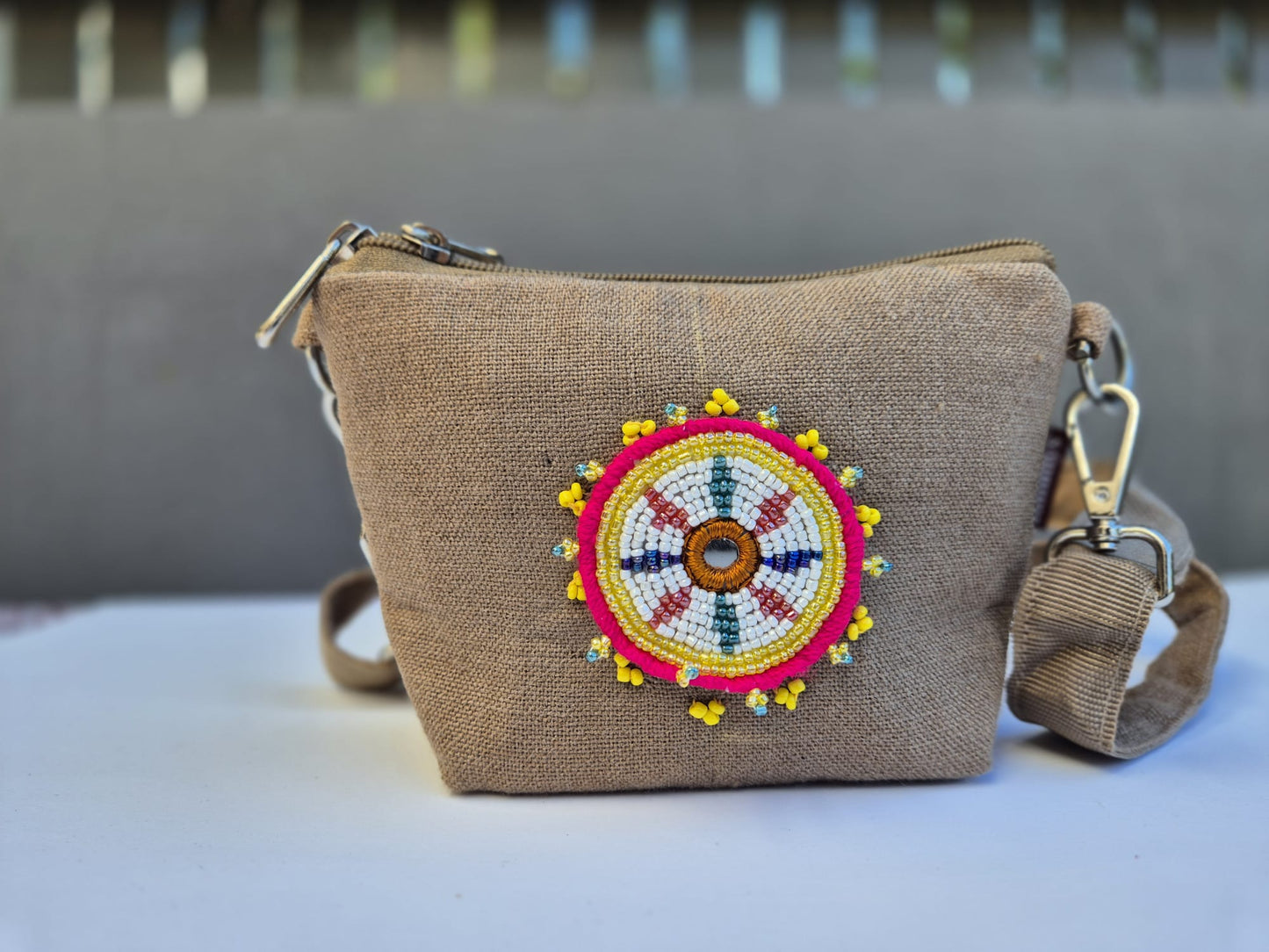 Beige Burlap Side Strap Bag (Small) 2