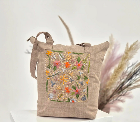 Beige Hand Embroidered Bag (Large)