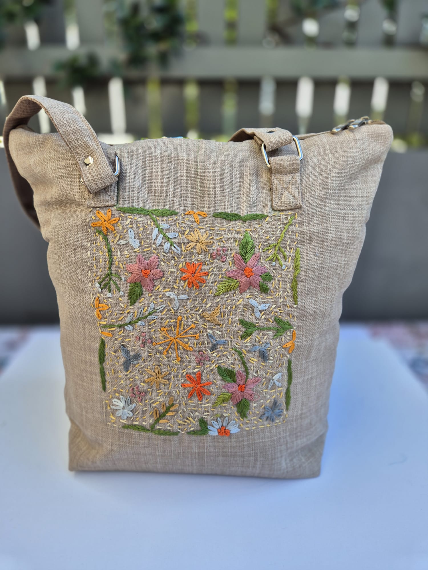 Beige Hand Embroidered Bag (Large) 1