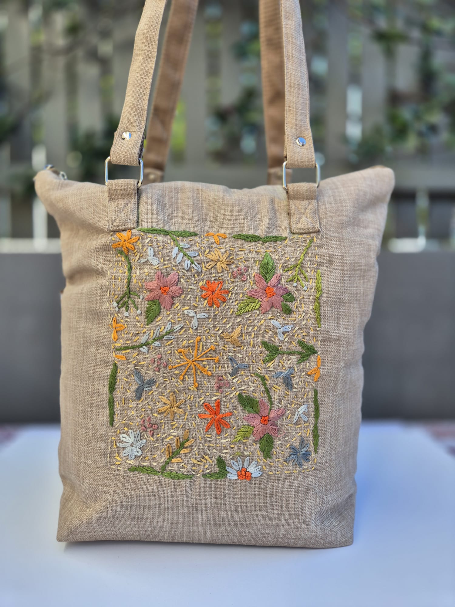 Beige Hand Embroidered Bag (Large) 2
