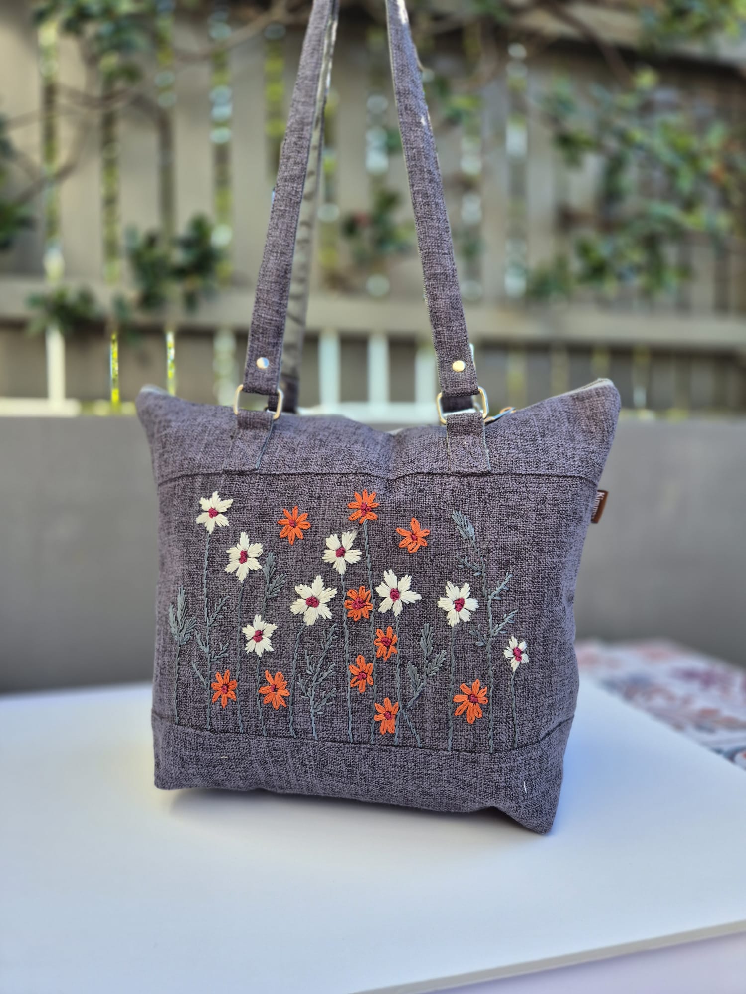 Gray Hand Embroidered Bag (Large) 2