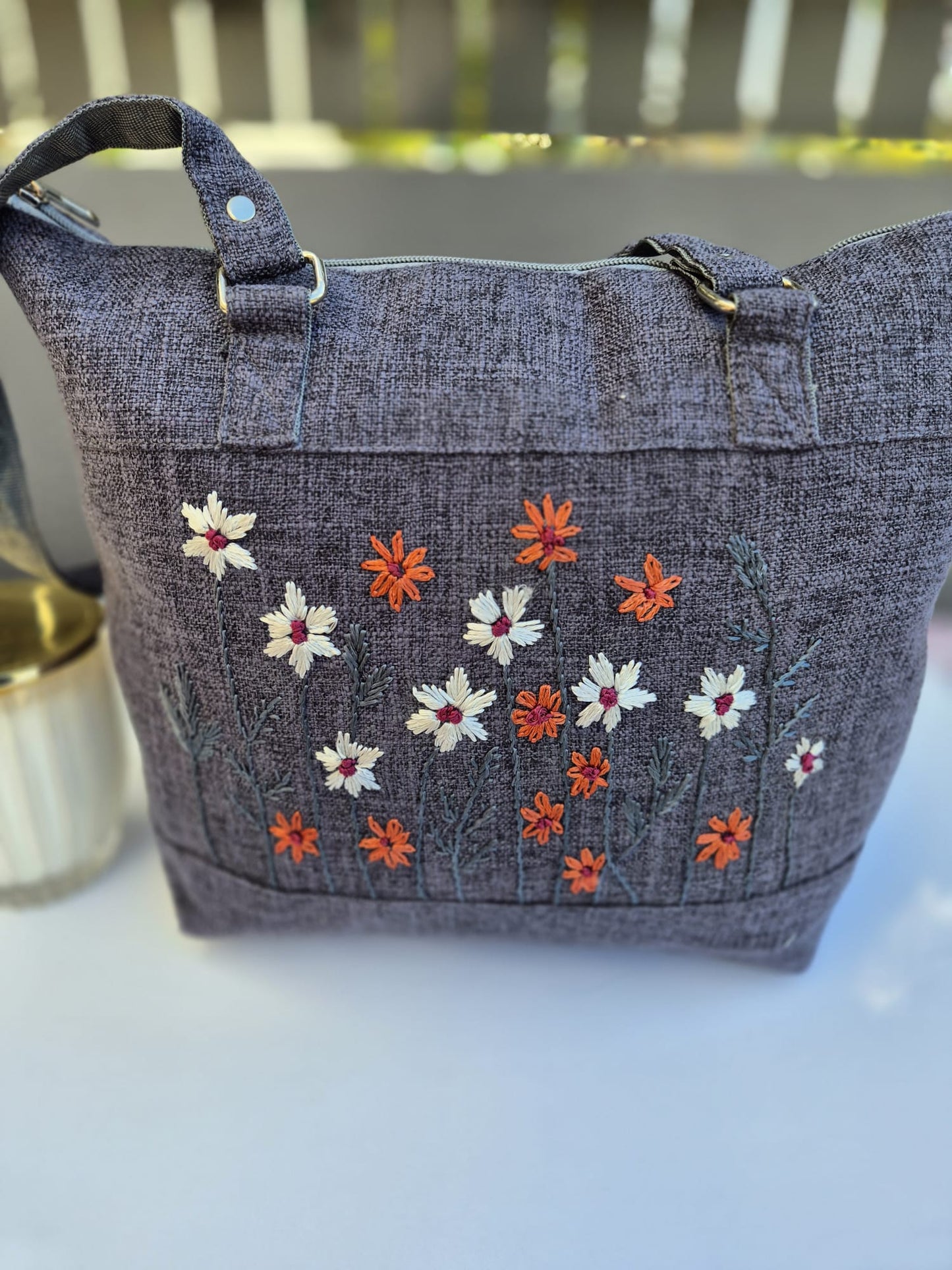 Gray Hand Embroidered Bag (Large) 6