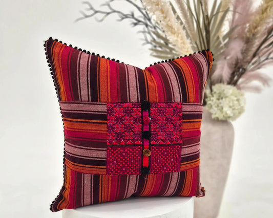 Hand Embroidered Red & Orange Multicolour Cushion Cover