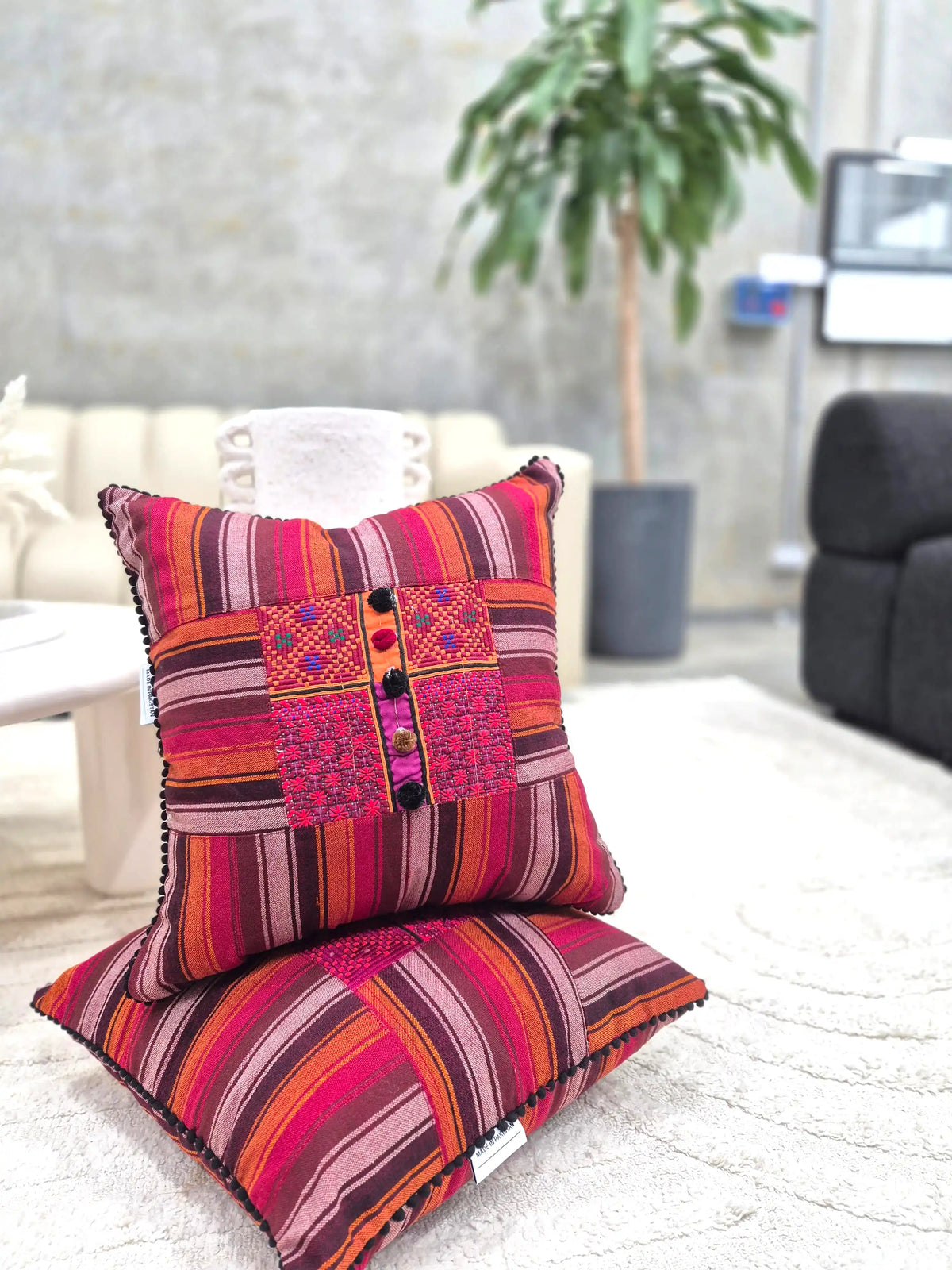 Hand Embroidered Red & Orange Multicolour Cushion Cover