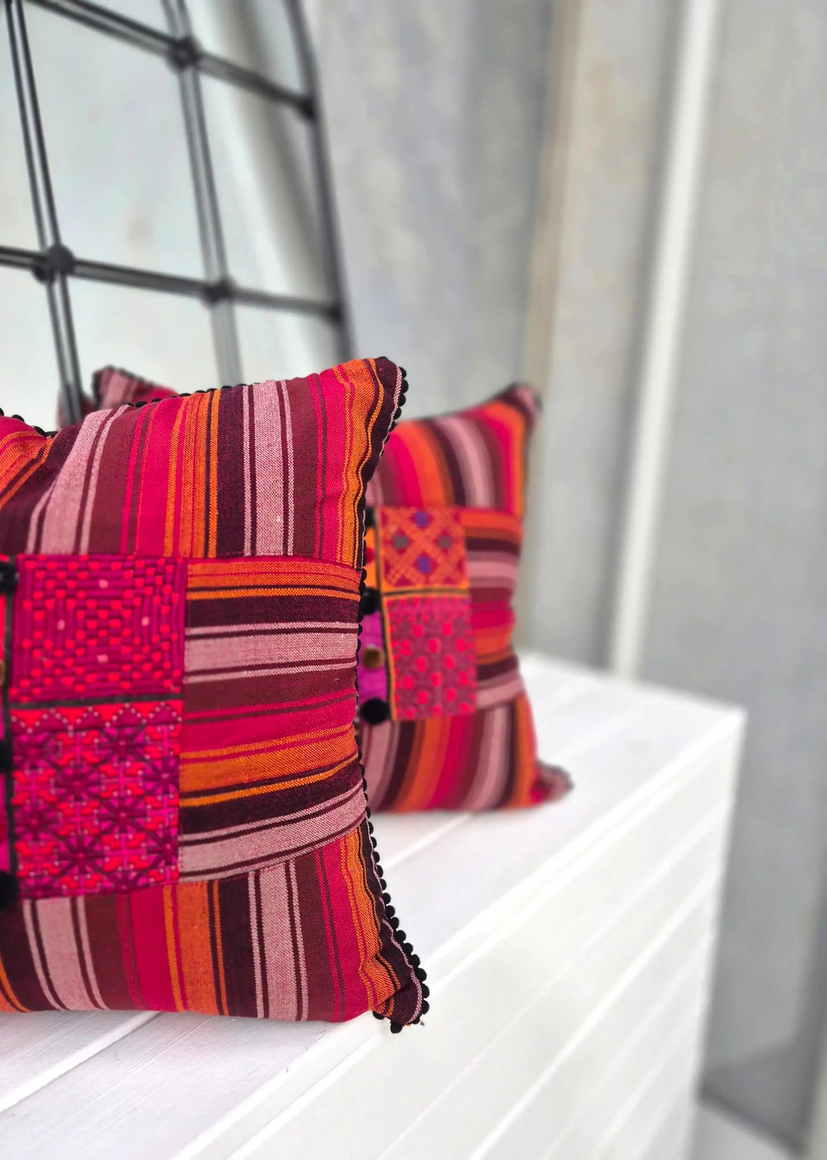 Hand Embroidered Red & Orange Multicolour Cushion Cover