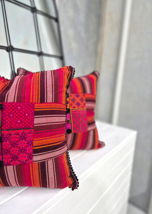 Hand Embroidered Red & Orange Multicolour Cushion Cover