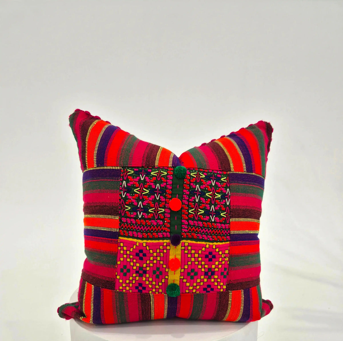 Hand Embroidered Red Multicolour Cushion Cover