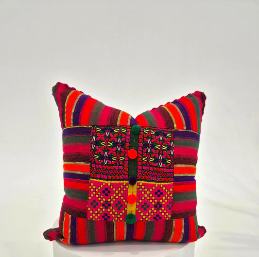 Hand Embroidered Red Multicolour Cushion Cover