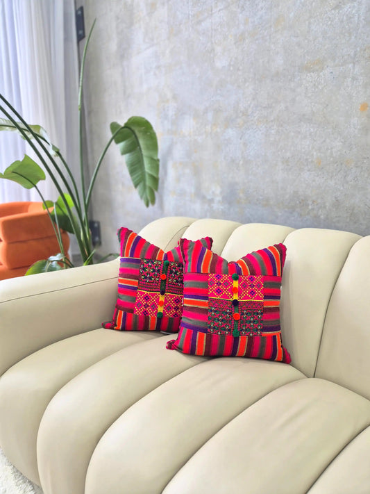 Hand Embroidered Red Multicolour Cushion Cover