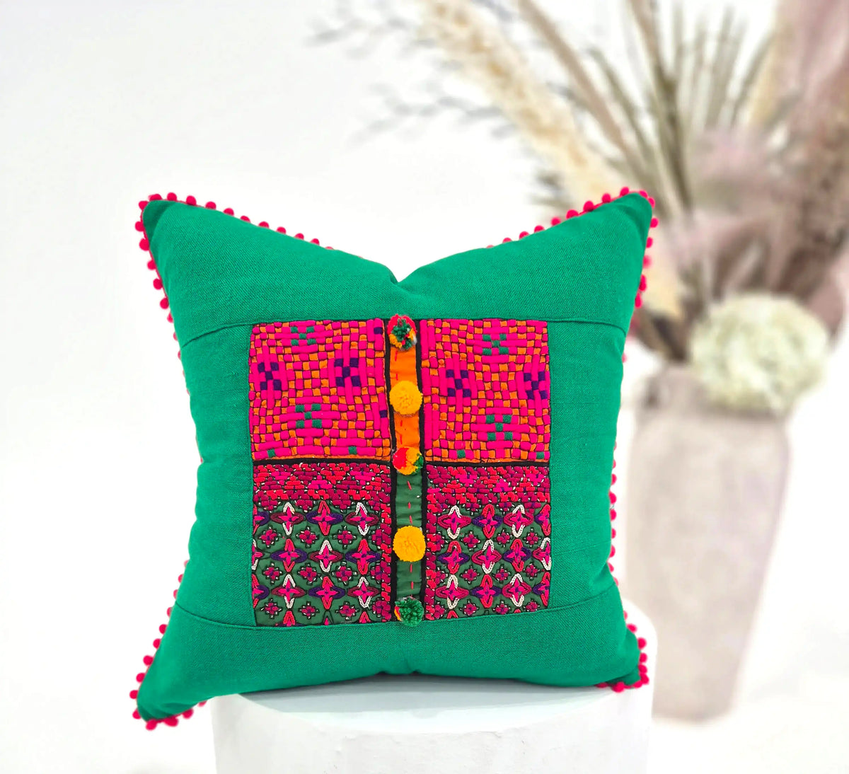 Hand Embroidered Green Cushion Cover