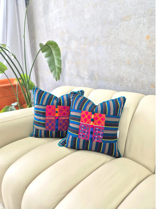 Hand Embroidered Blue Multicolour Cushion Cover