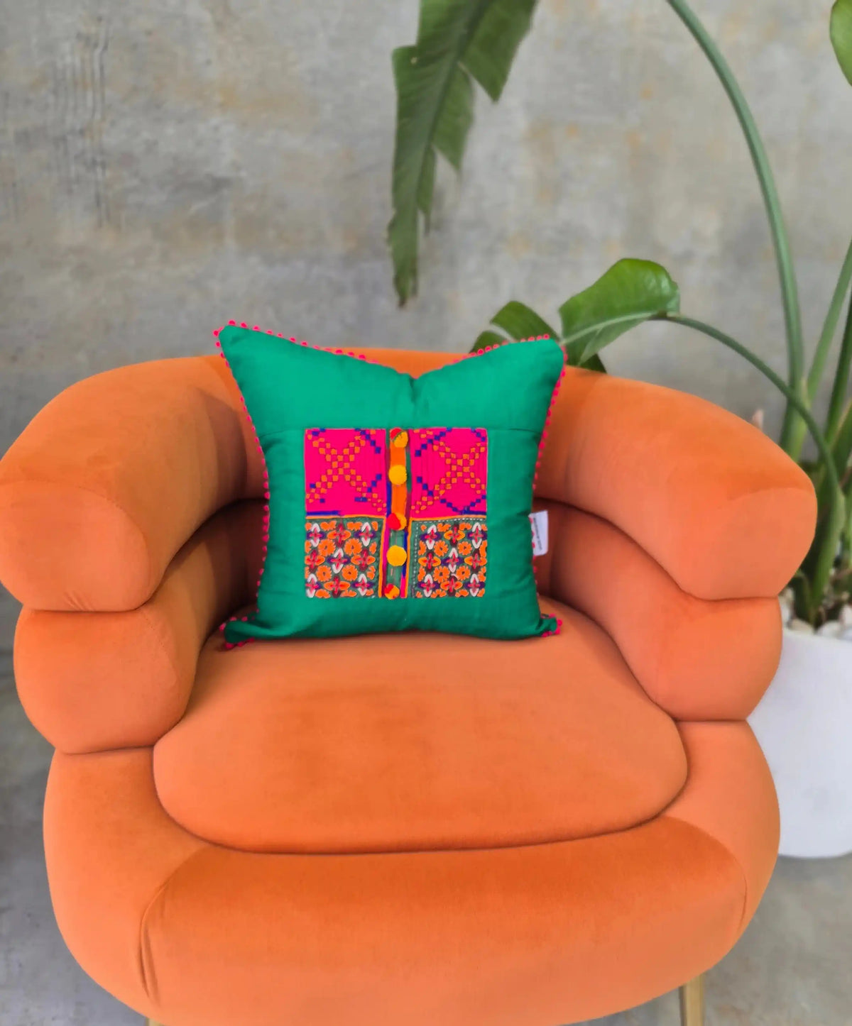 Hand Embroidered Green Cushion Cover
