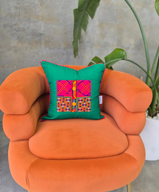Hand Embroidered Green Cushion Cover