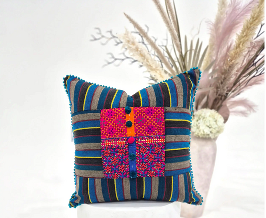 Hand Embroidered Blue Multicolour Cushion Cover