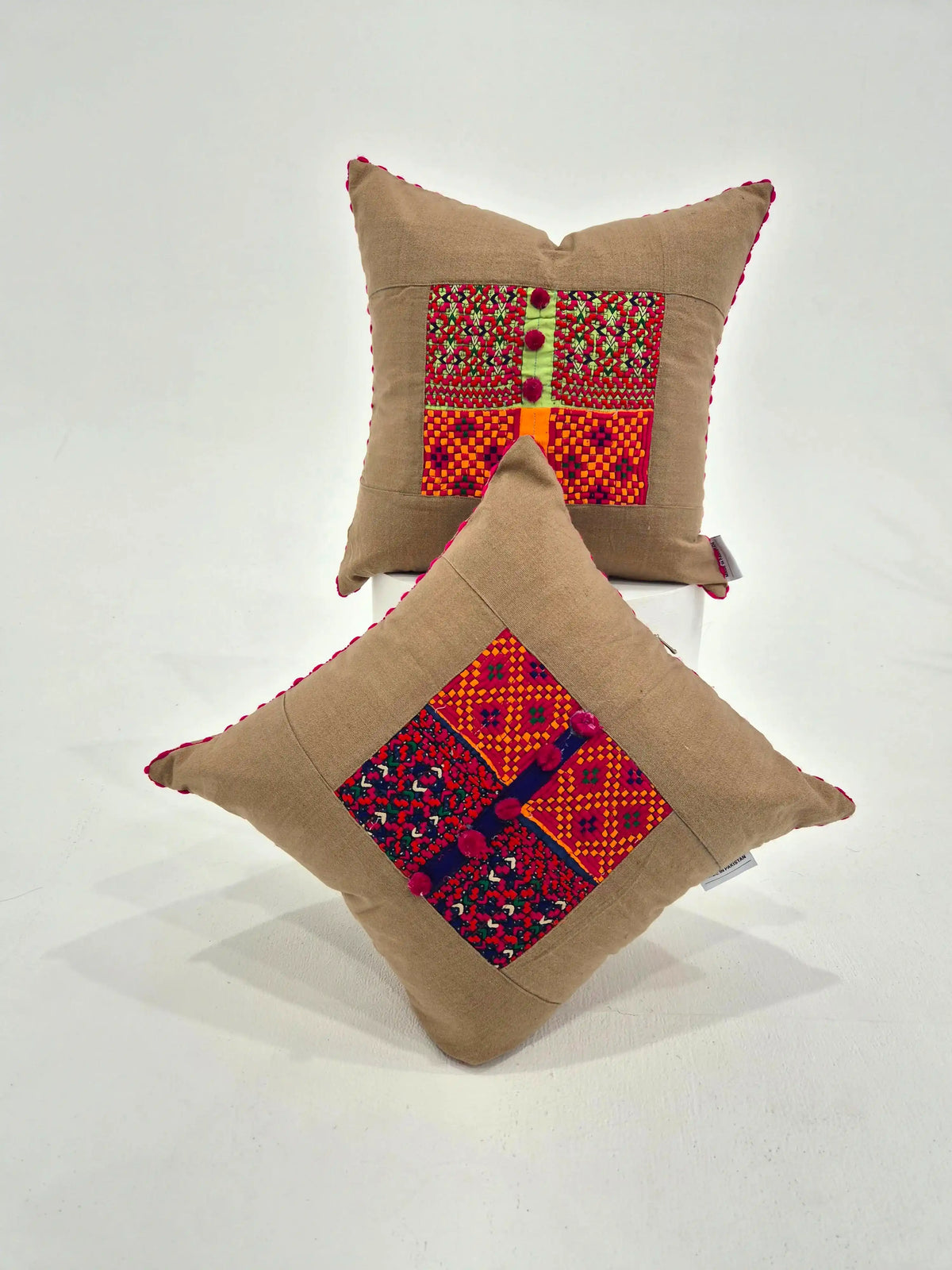 Hand Embroidered Beige Multicolour Cushion Cover
