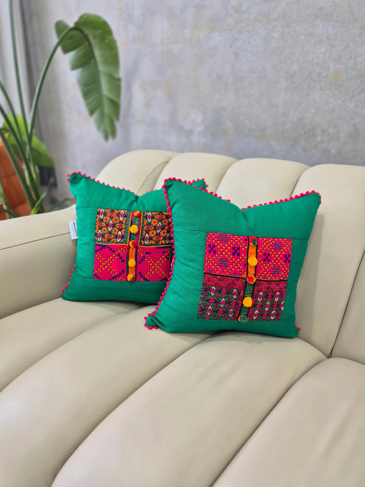 Hand Embroidered Green Cushion Cover
