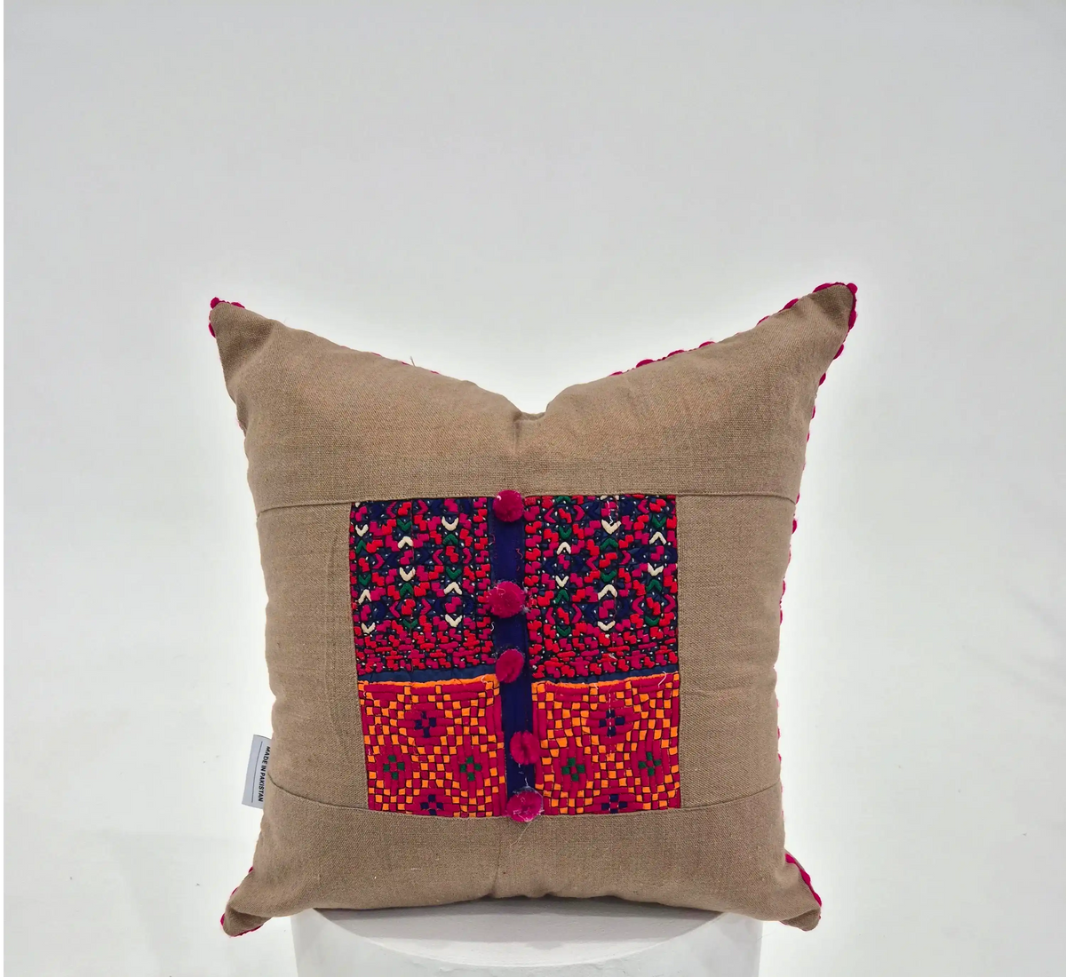 Hand Embroidered Beige Multicolour Cushion Cover