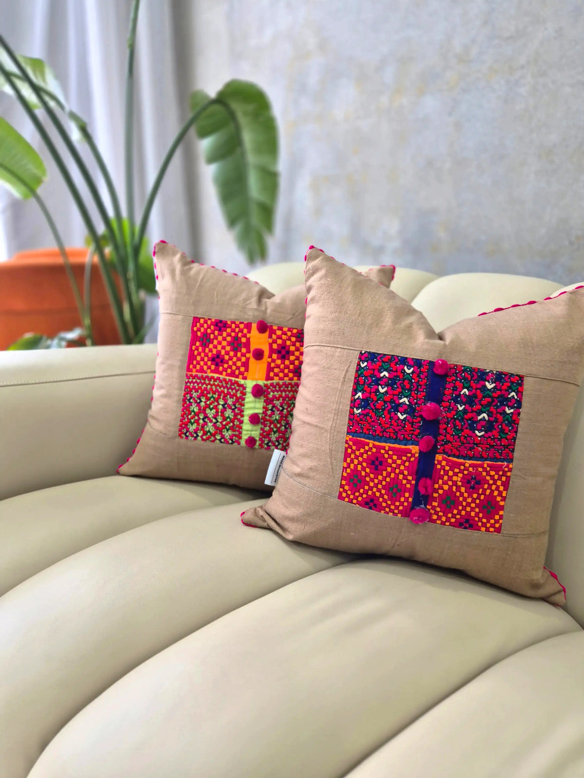 Hand Embroidered Beige Multicolour Cushion Cover