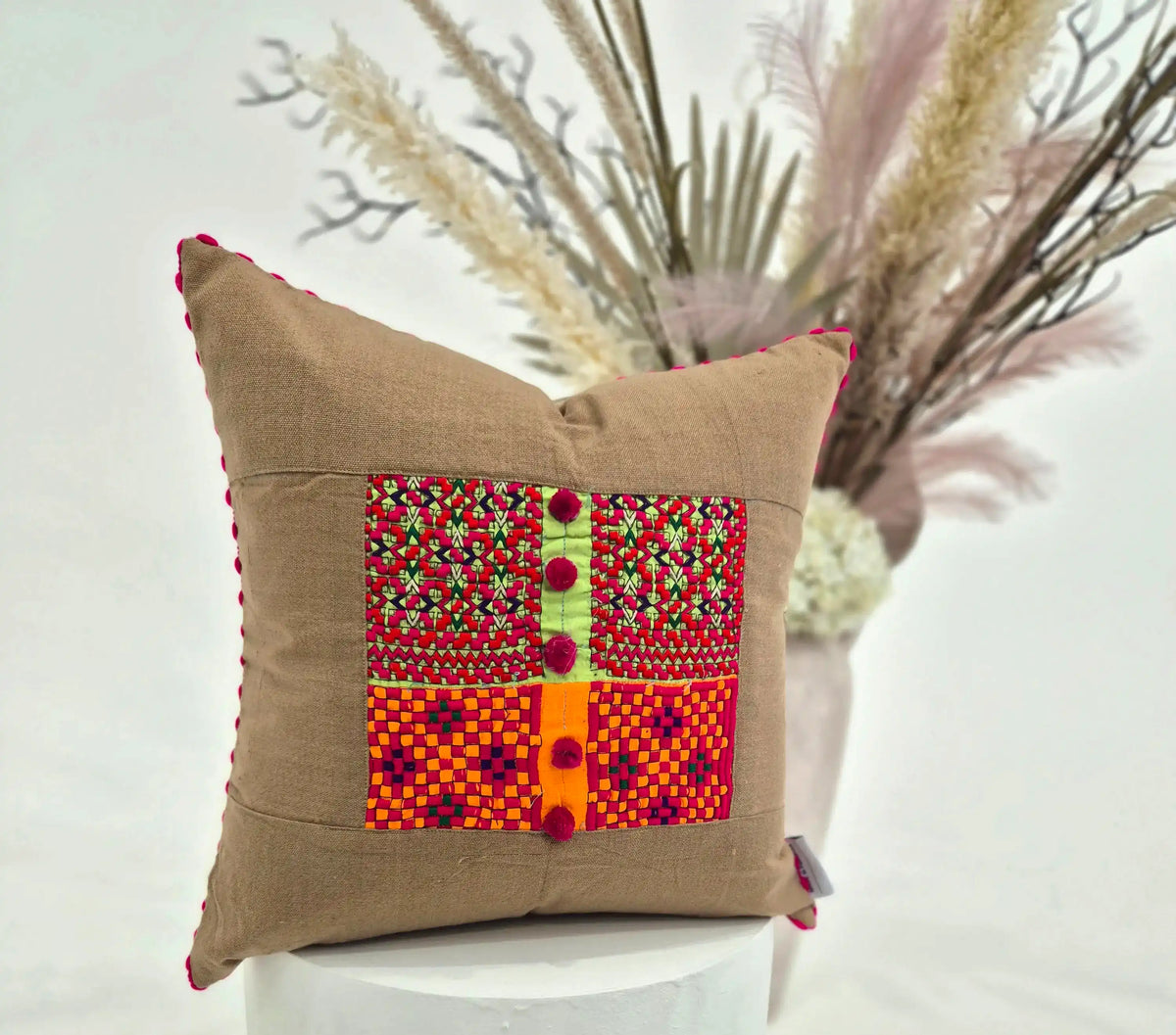 Hand Embroidered Beige Multicolour Cushion Cover